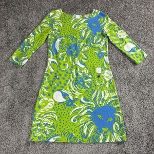 Preppy Coastal Resort Dress Womens XS Green Blue Lion‎ Print Lilly Pulitzer